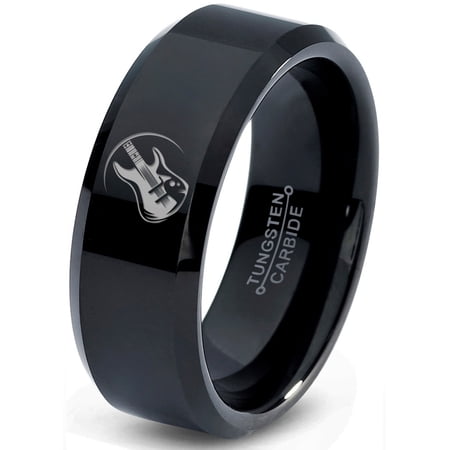 Tungsten Musician Electric Guitar Band Ring 8mm Men Women Comfort Fit Black Beveled Edge Polished