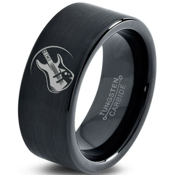 Tungsten Musician Electric Guitar Band Ring 9mm Men Women Comfort Fit Black Flat Cut Brushed Polished