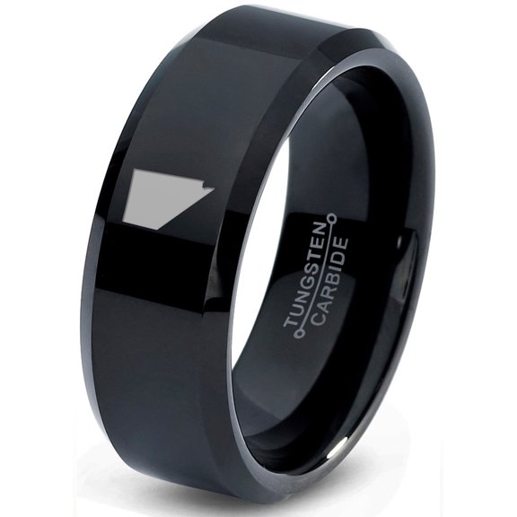 Tungsten Nevada The Silver State Band Ring 8mm Men Women Comfort Fit Black Beveled Edge Polished