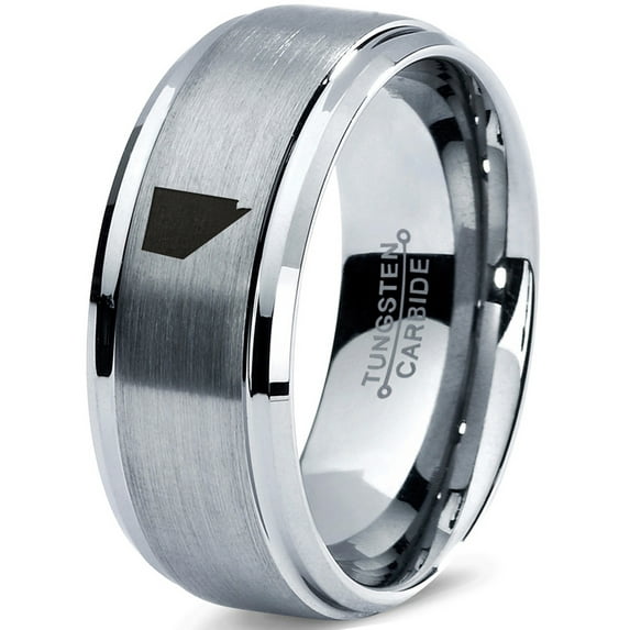 Tungsten Nevada The Silver State Band Ring 8mm Men Women Comfort Fit Gray Step Bevel Edge Brushed Polished