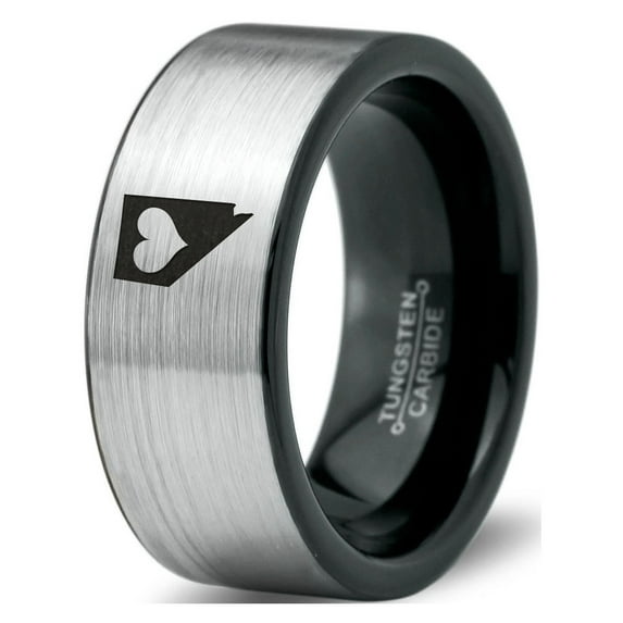 Tungsten Nevada The Silver State Heart Band Ring 8mm Men Women Comfort Fit Brushed Gray Flat Cut Black Polished