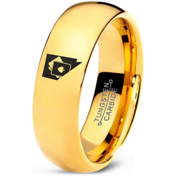 Tungsten Nevada The Silver State Playing Cards Band Ring 7mm Men Women Comfort Fit 18k Yellow Gold Dome Polished