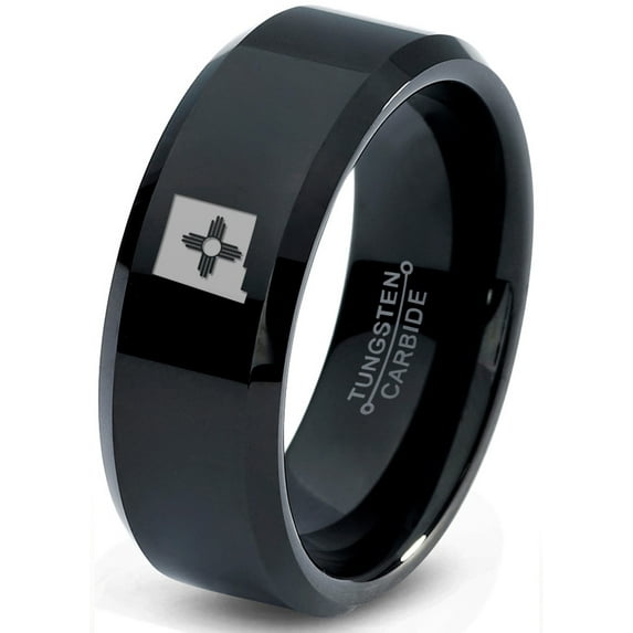 Tungsten New Mexico The Land of Enchantment State Zia Symbol Band Ring 8mm Men Women Comfort Fit Black Beveled Edge Polished
