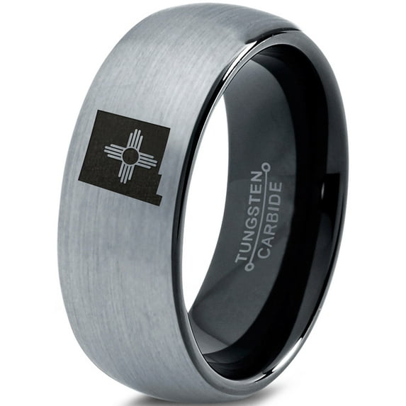 Tungsten New Mexico The Land of Enchantment State Zia Symbol Band Ring 8mm Men Women Comfort Fit Black Dome Brushed Gray Polished