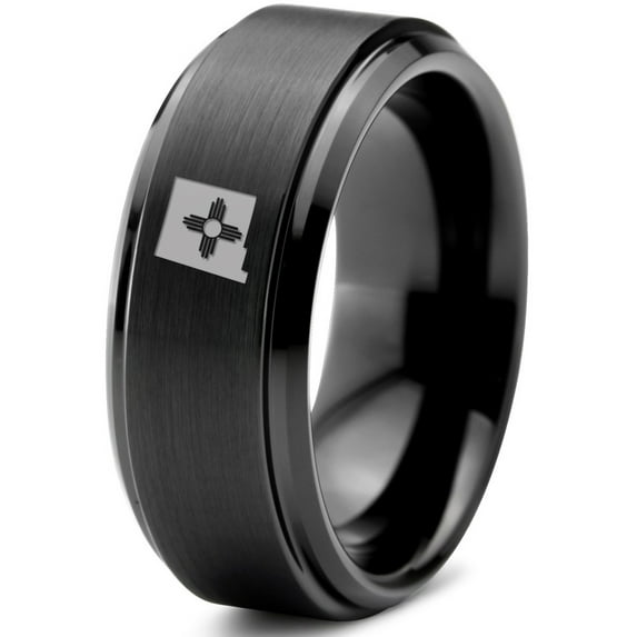 Tungsten New Mexico The Land of Enchantment State Zia Symbol Band Ring 8mm Men Women Comfort Fit Black Step Bevel Edge Brushed Polished