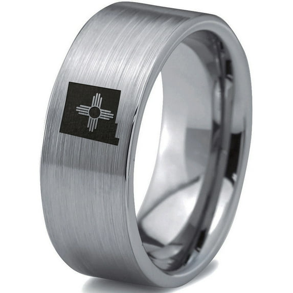 Tungsten New Mexico The Land of Enchantment State Zia Symbol Band Ring 8mm Men Women Comfort Fit Gray Flat Cut Brushed Polished