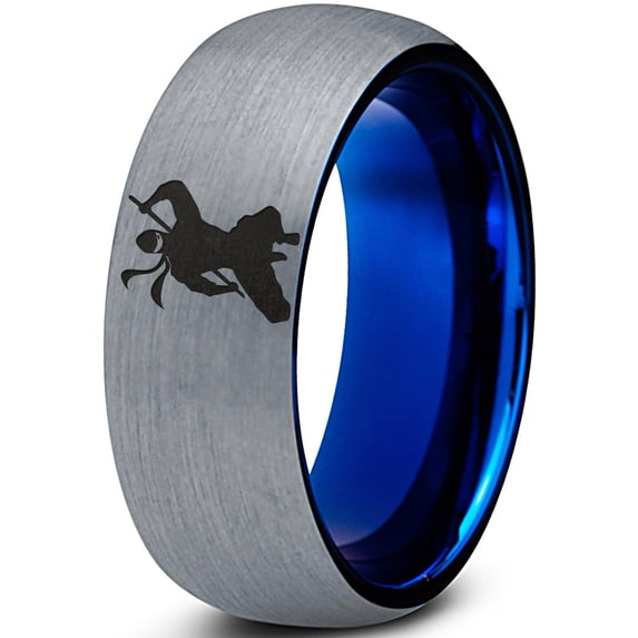 Tungsten Ninja Samuri Sword Martial Arts Band Ring 8mm Men Women Comfort Fit Blue Dome Brushed Gray Polished