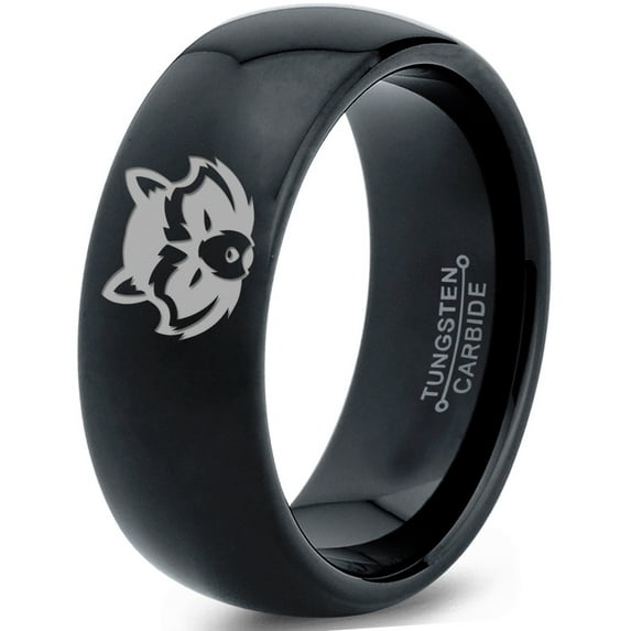 Tungsten North American Racoon Coon Band Ring 8mm Men Women Comfort Fit Black Dome Polished