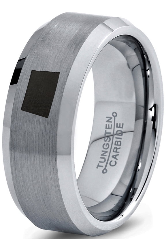 Tungsten North Dakota The Peace Garden State Band Ring 8mm Men Women Comfort Fit Gray Step Bevel Edge Brushed Polished