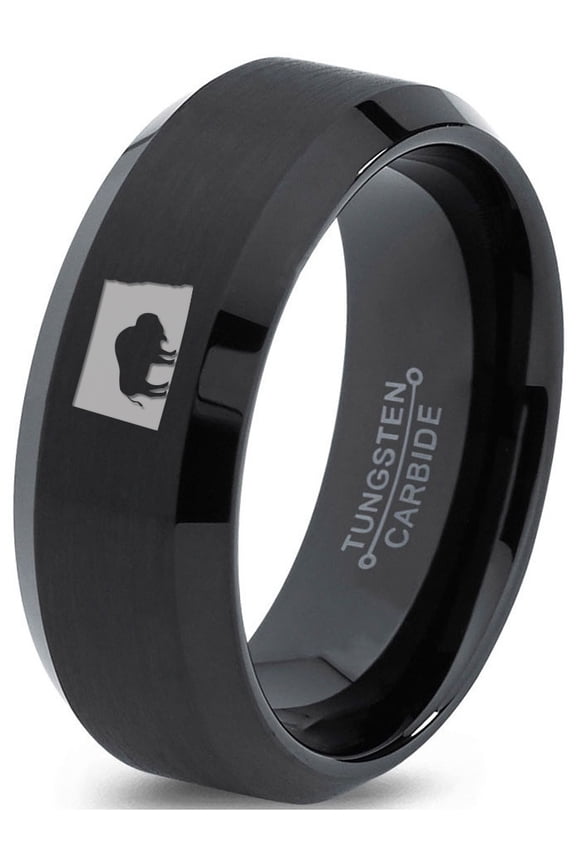 Tungsten North Dakota The Peace Garden State Bison Band Ring 8mm Men Women Comfort Fit Black Beveled Edge Brushed Polished