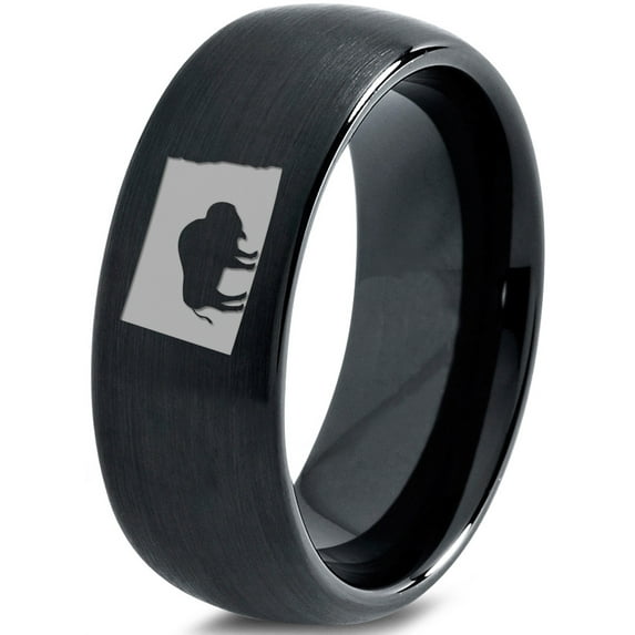 Tungsten North Dakota The Peace Garden State Bison Band Ring 8mm Men Women Comfort Fit Black Dome Brushed Polished
