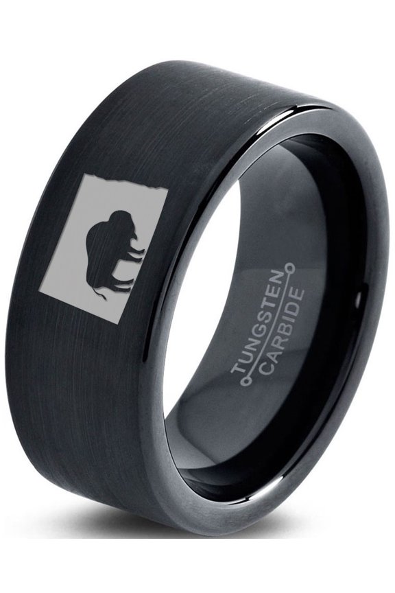 Tungsten North Dakota The Peace Garden State Bison Band Ring 9mm Men Women Comfort Fit Black Flat Cut Brushed Polished