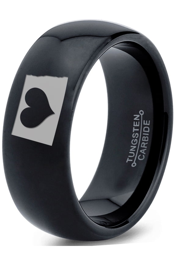 Tungsten North Dakota The Peace Garden State Heart Band Ring 8mm Men Women Comfort Fit Black Dome Polished
