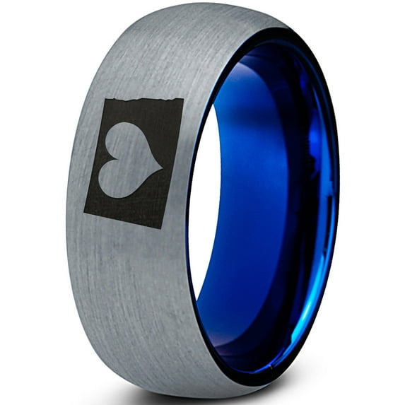 Tungsten North Dakota The Peace Garden State Heart Band Ring 8mm Men Women Comfort Fit Blue Dome Brushed Gray Polished