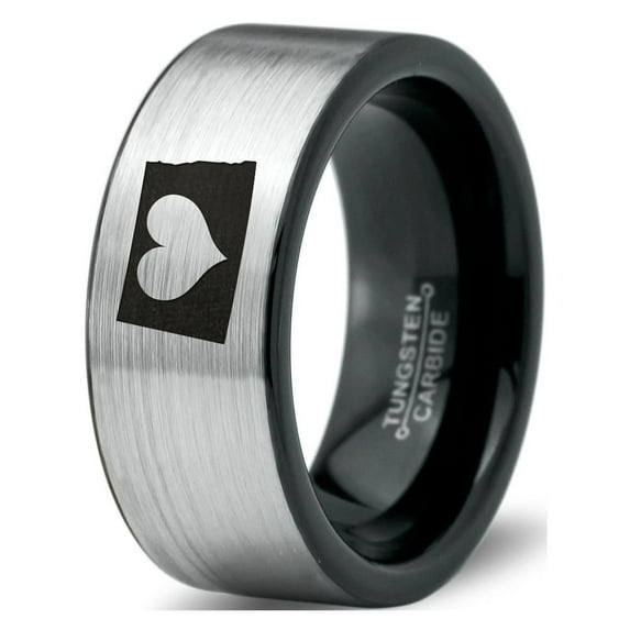 Tungsten North Dakota The Peace Garden State Heart Band Ring 8mm Men Women Comfort Fit Brushed Gray Flat Cut Black Polished