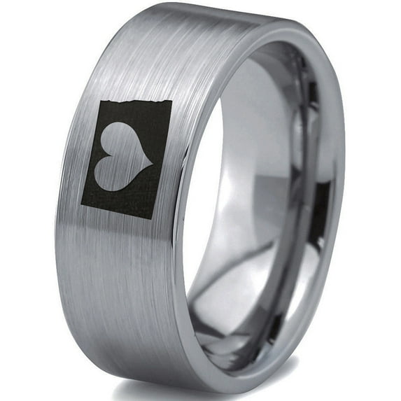 Tungsten North Dakota The Peace Garden State Heart Band Ring 8mm Men Women Comfort Fit Gray Flat Cut Brushed Polished