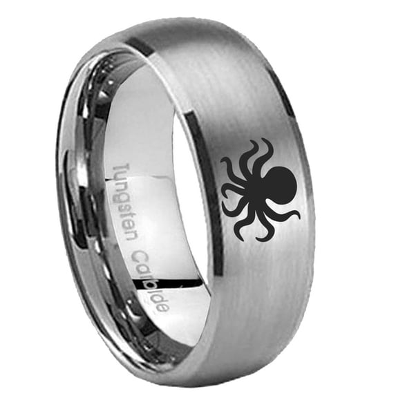 Tungsten Octopus 8mm Brushed Gray Dome Polished Edges Men Ring