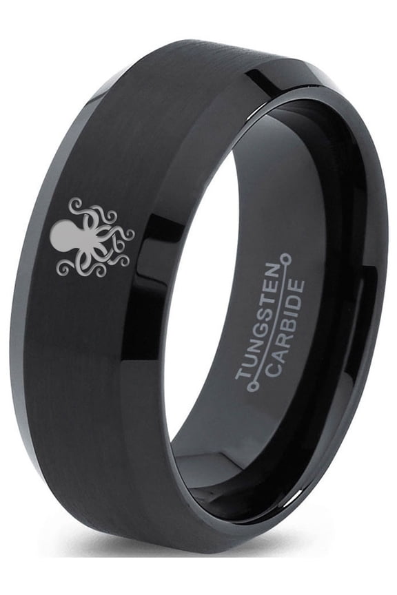 Tungsten Octopus Squid Sea Creature Band Ring 8mm Men Women Comfort Fit Black Beveled Edge Brushed Polished