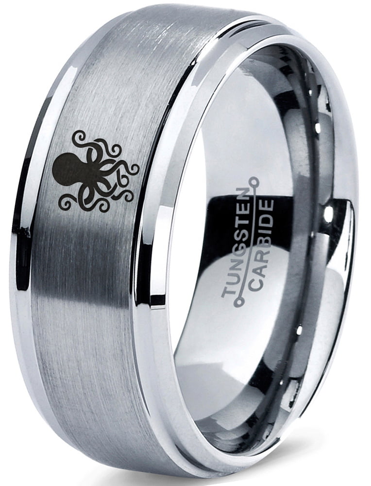 Tungsten Octopus Squid Sea Creature Band Ring 8mm Men Women Comfort Fit  Gray Step Bevel Edge Brushed Polished