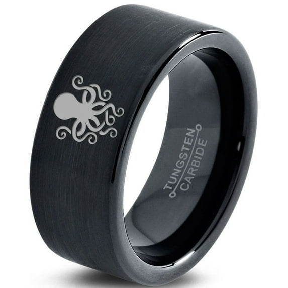 Tungsten Octopus Squid Sea Creature Band Ring 9mm Men Women Comfort Fit Black Flat Cut Brushed Polished