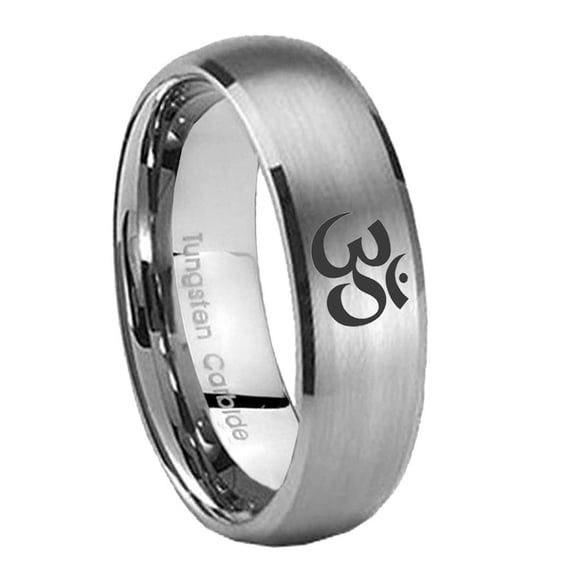 Tungsten Ohm Design Om Yoga 8mm Brushed Gray Dome Polished Edges Men Ring