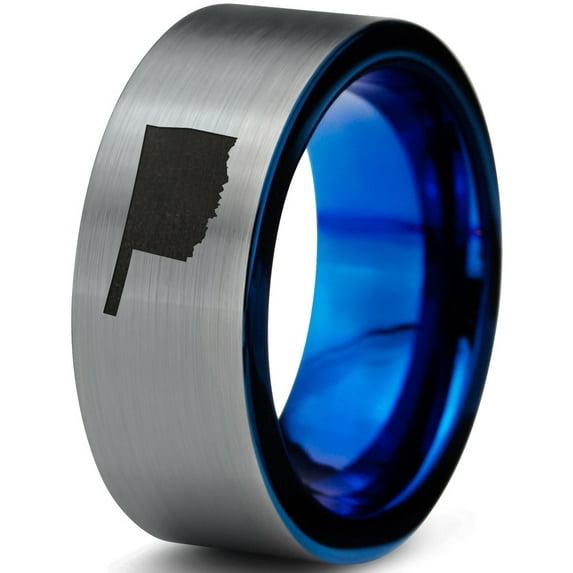 Tungsten Oklahoma Sooner State Band Ring 8mm Men Women Comfort Fit Blue Flat Cut Brushed Gray Polished