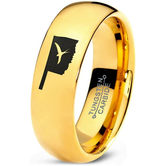 Tungsten Oklahoma Sooner State Bird Flying Band Ring 7mm Men Women Comfort Fit 18k Yellow Gold Dome Polished