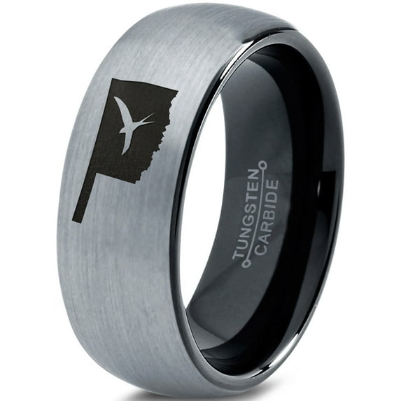 Tungsten Oklahoma Sooner State Bird Flying Band Ring 8mm Men Women Comfort Fit Black Dome Brushed Gray Polished