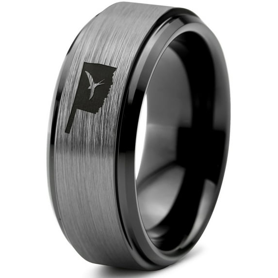 Tungsten Oklahoma Sooner State Bird Flying Band Ring 8mm Men Women Comfort Fit Black Step Bevel Edge Brushed Gray Polished