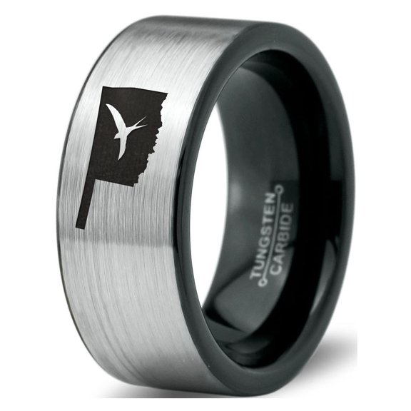 Tungsten Oklahoma Sooner State Bird Flying Band Ring 8mm Men Women Comfort Fit Brushed Gray Flat Cut Black Polished