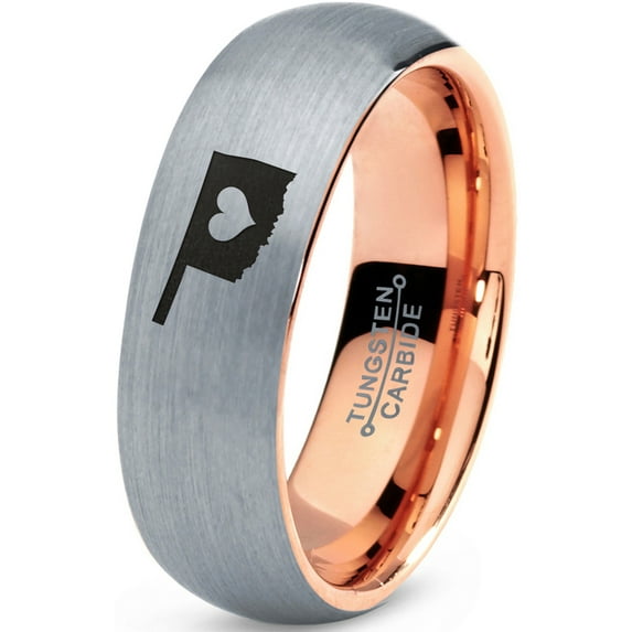 Tungsten Oklahoma Sooner State Heart Band Ring 7mm Men Women Comfort Fit 18k Rose Gold Dome Brushed Gray Polished