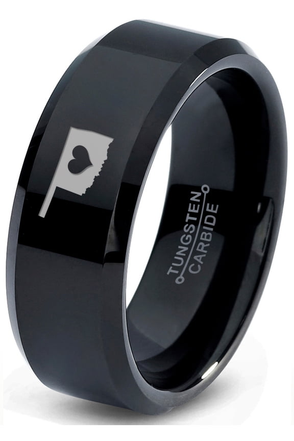 Tungsten Oklahoma Sooner State Heart Band Ring 8mm Men Women Comfort Fit Black Beveled Edge Polished