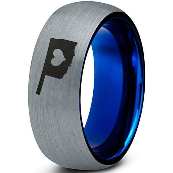 Tungsten Oklahoma Sooner State Heart Band Ring 8mm Men Women Comfort Fit Blue Dome Brushed Gray Polished