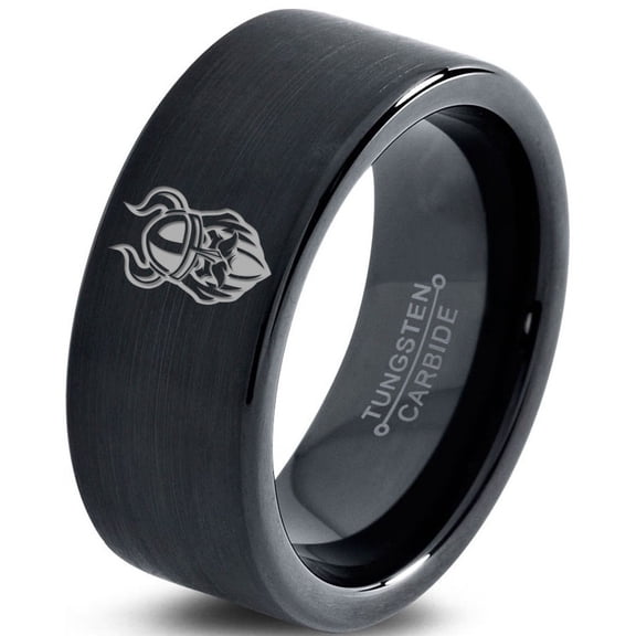 Tungsten Old Norse Viking Band Ring 9mm Men Women Comfort Fit Black Flat Cut Brushed Polished