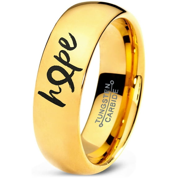 Tungsten Optomistic Hope Awareness Ribbon Band Ring 7mm Men Women Comfort Fit 18k Yellow Gold Dome Polished