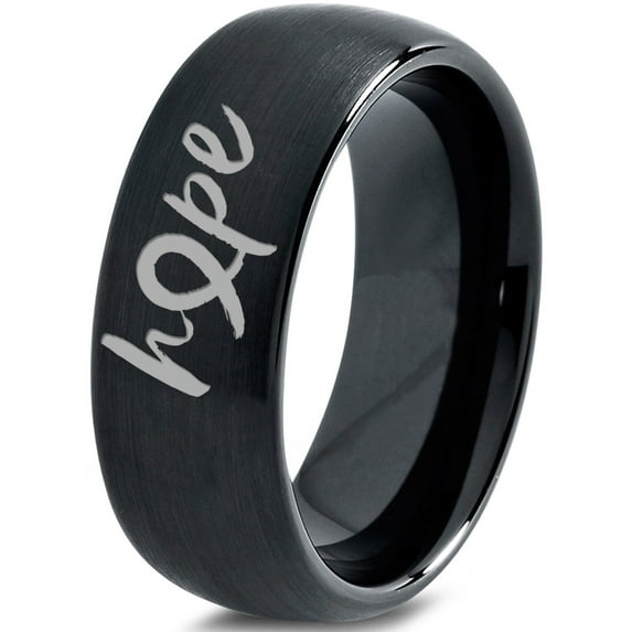 Tungsten Optomistic Hope Awareness Ribbon Band Ring 8mm Men Women Comfort Fit Black Dome Brushed Polished