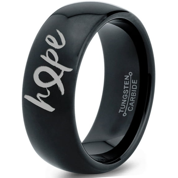 Tungsten Optomistic Hope Awareness Ribbon Band Ring 8mm Men Women Comfort Fit Black Dome Polished