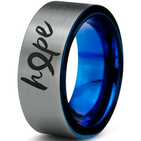 Tungsten Optomistic Hope Awareness Ribbon Band Ring 8mm Men Women Comfort Fit Blue Flat Cut Brushed Gray Polished