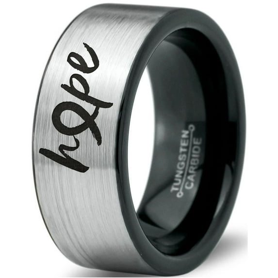 Tungsten Optomistic Hope Awareness Ribbon Band Ring 8mm Men Women Comfort Fit Brushed Gray Flat Cut Black Polished