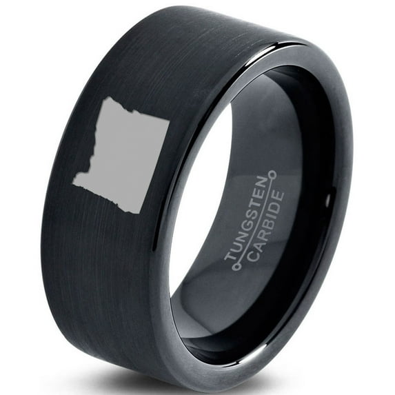 Tungsten Oregon The Beaver State Band Ring 9mm Men Women Comfort Fit Black Flat Cut Brushed Polished