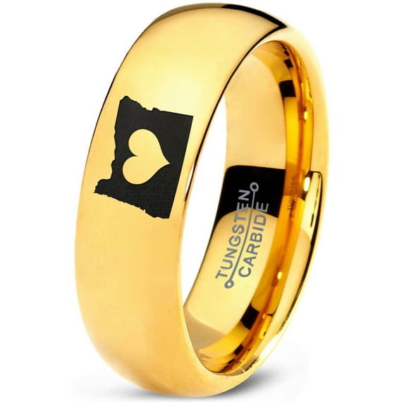 Tungsten Oregon The Beaver State Heart Band Ring 7mm Men Women Comfort Fit 18k Yellow Gold Dome Polished