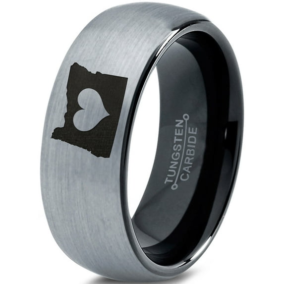 Tungsten Oregon The Beaver State Heart Band Ring 8mm Men Women Comfort Fit Black Dome Brushed Gray Polished
