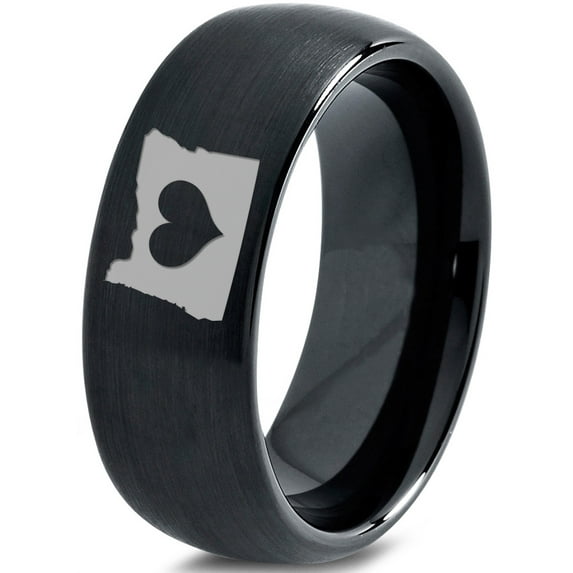 Tungsten Oregon The Beaver State Heart Band Ring 8mm Men Women Comfort Fit Black Dome Brushed Polished