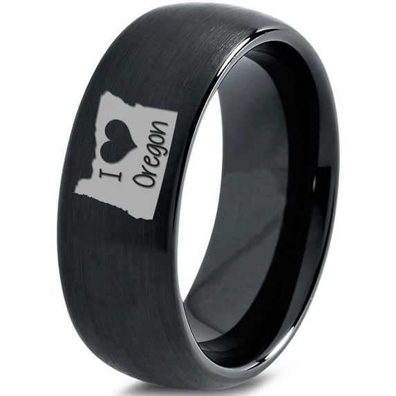 Tungsten Oregon The Beaver State Love Heart Band Ring 8mm Men Women Comfort Fit Black Dome Brushed Polished