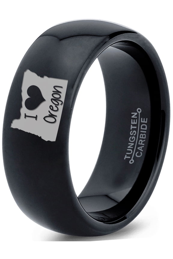 Tungsten Oregon The Beaver State Love Heart Band Ring 8mm Men Women Comfort Fit Black Dome Polished
