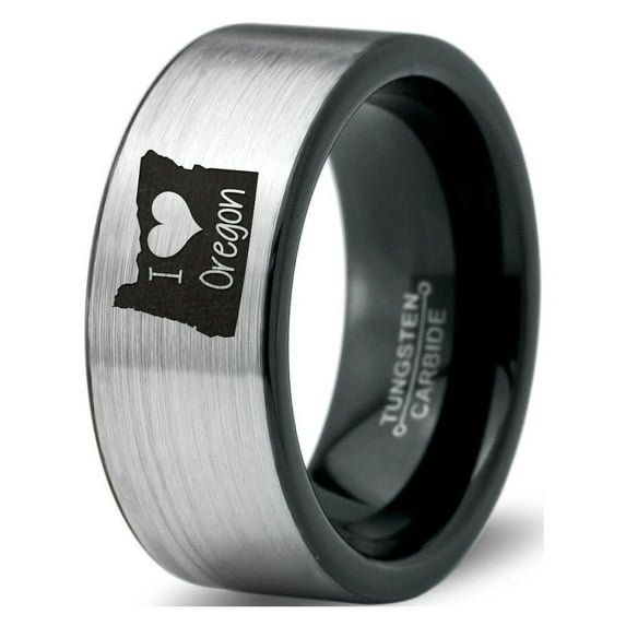 Tungsten Oregon The Beaver State Love Heart Band Ring 8mm Men Women Comfort Fit Brushed Gray Flat Cut Black Polished