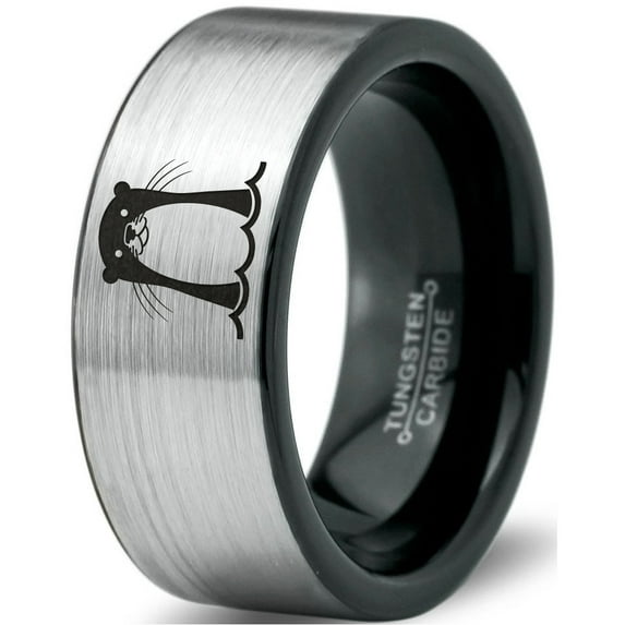 Tungsten Otter Otters Sea Animals Ring 8mm Men Women Comfort Fit Brushed Gray Flat Cut Black Polished