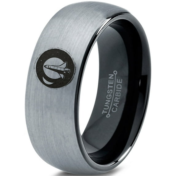 Tungsten Outer Space Ship Exploration Band Ring 8mm Men Women Comfort Fit Black Dome Brushed Gray Polished
