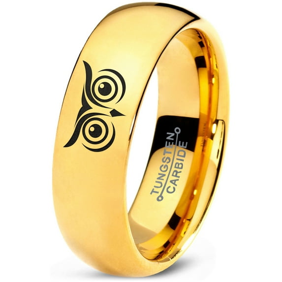 Tungsten Owl Wide Open Eyes Staring Band Ring 7mm Men Women Comfort Fit 18k Yellow Gold Dome Polished