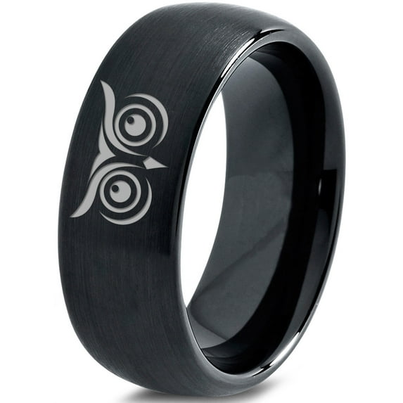 Tungsten Owl Wide Open Eyes Staring Band Ring 8mm Men Women Comfort Fit Black Dome Brushed Polished